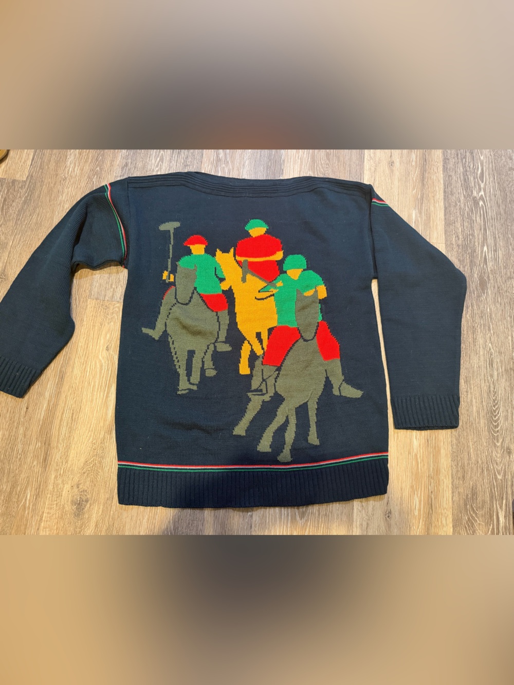 Black Crewneck Sweater with Polo Players Graphic